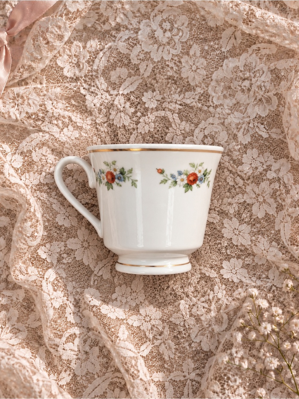 White Porcelain Floral Accent Tea Cup with Gold Trim